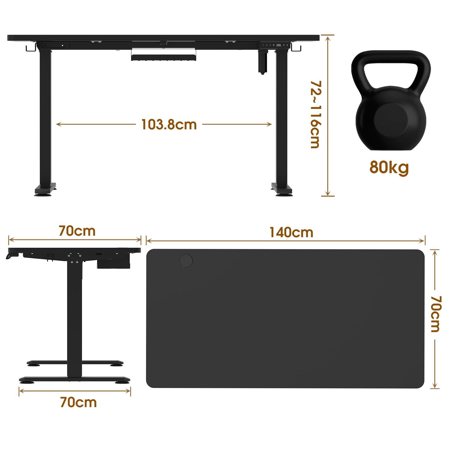Devoko Höhenverstellbarer Schreibtisch 140x70 cm, 3 Memory-Handsteuerung mit USB-A, Elektrischer Schreibtisch Höhenverstellbar mit 18 MM Tischplatte, Sitz-Stehpult für Büro Homeoffice, Schwarz