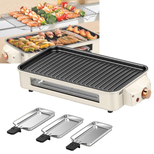 Parrilla Eléctrica De Interior 1500w - 2 En 1 Sartenes Parrilla Sin Humo con Placas De Cocina Antiadherentes Y Perilla De Temperatura Ajustable, Incluye 3 Queseras para Cocinar Versátilmente