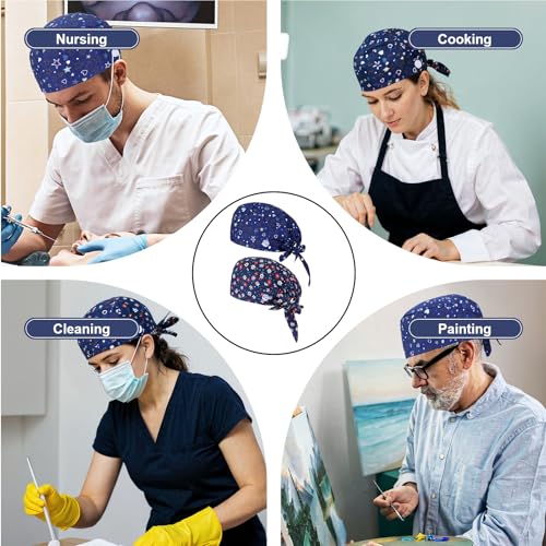 DOPENSPI 2 Stück OP Hauben Damen, Verstellbare Arbeitskappen Baumwolle Krankenschwester Haube mit Knöpfen und Schweißband für Damen und Herren