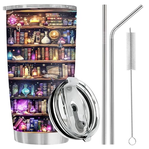 Bücherliebhaber Thermo Becher 600ml Magisches Regal-Design Doppelwandig 6h Travel Mug mit 2 Edelstahl Strohhalme und Dichtem Deckel Geschenk für Leseratten