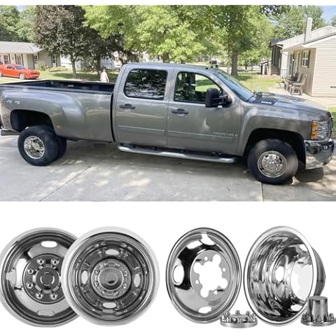 PUERMTO 4X 16 Screw On Wheel Simulators Compatible with 2001-2007 Chevy GMC 3500 Truck 2003-2021 G3500/G30 Van, 8 Lug Front Rear Dually Hub Caps Skins Liners Rim Covers Stainless Steel Polished 608GV Cover