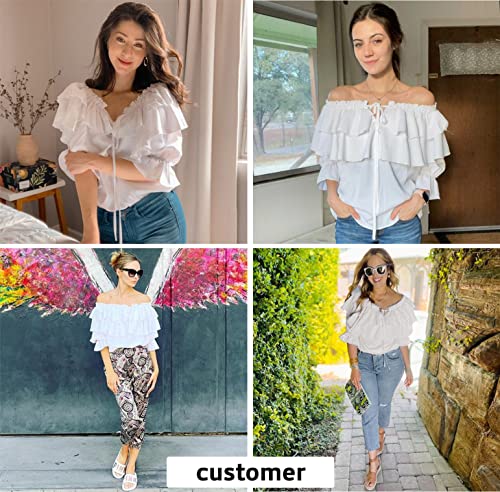 Byinns Women's Off Shoulder Ruffle Long Sleeve Blouses Casual Layered Tops White #TOP2