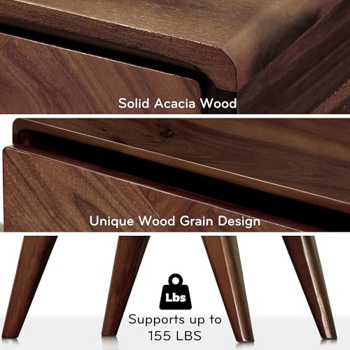 Image of Laden Solid Acacia Wood Nightstand with Storage Drawer, Mid-Century Modern Art Deco Design, End Table for Bedroom & Living Room, Scratch & Water-Resistant, Easy Assembly, Walnut