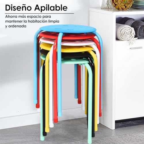 GOPLUS Juego de 6 Taburetes Apilables de Metal, Taburetes Redondons sin Respaldo con Asiento Plástico, Conjunto de Taburetes Portátile para Cocina Comedor Escuela Oficina, 37×37×44 cm (Multicolor) - imagen 4