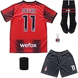 BIRDBOX Youth Sportswear Milan Christian Pulisic 11 Kids Home Soccer Jersey/Shorts Bag Keychain Football Socks Set (Red/Black, 26)