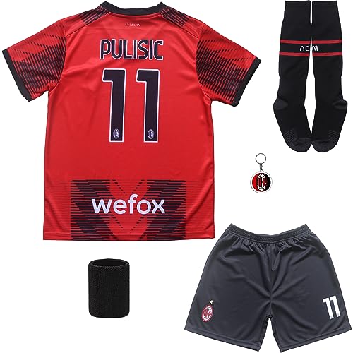 BIRDBOX Youth Sportswear Milan Christian Pulisic 11 Kids Home Soccer Jersey/Shorts Bag Keychain Football Socks Set (Red/Black, 26)
