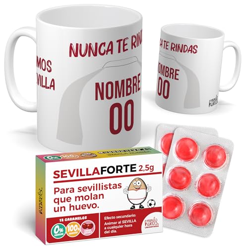 mundohuevo Taza Personalizada Sevilla | Tazas de Desayuno Fútbol + Caramelos de Futbol | Regalo Original para Verdaderos Sevillistas| Cosas de Fútbol para Niños (Sevilla F.C.)
