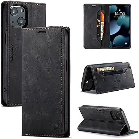 TOHULLE for iPhone 13 Case, Vintage Wallet Case Card Holder Kickstand Built-in Magnetic Flip Folio Leather Case for iPhone 13 - Black Cover