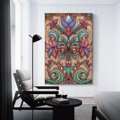 Tableau sur toile imprimé Ornate Floral effet bois sculpté pour salon de standing
