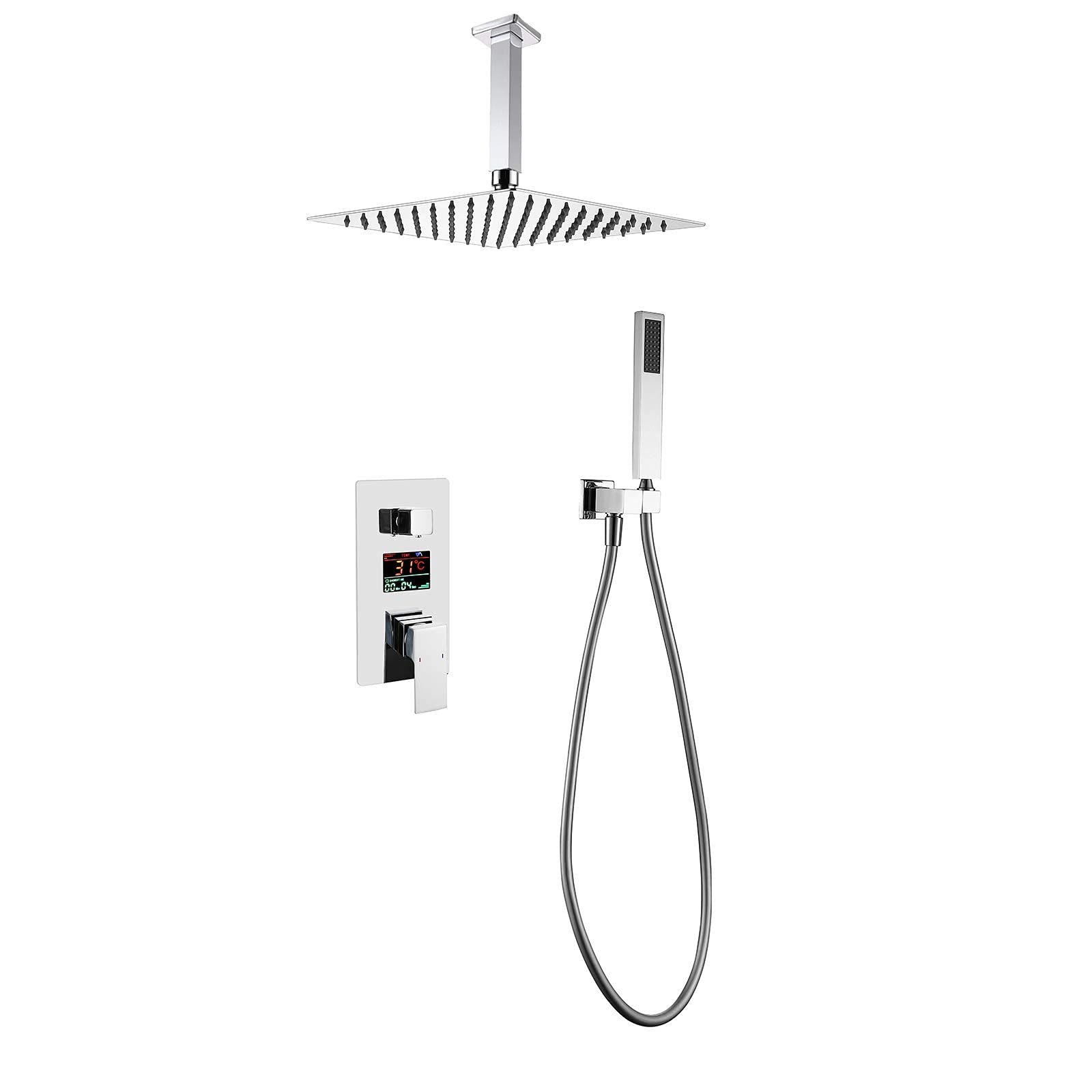 Set Doccia con Display Digitale, Montaggio a Soffitto, Set Rubinetto Doccia Bagno con Soffione Doccia in Acciaio Inossidabile, Doccetta a Mano, Scatola Integrata, Cromo, 25,4 cm