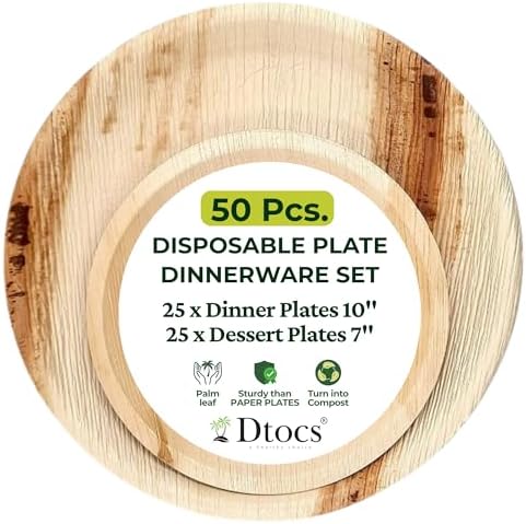 Dtocs Palm Leaf Plates Set (50) – 10" Dinner Plate & 7" Dessert Plate Combo | Round Disposable Plates for Charcutarie Board, BBQ, Brunches | Party Platter Pack Alt to Plastic, Wood & Paper Plates