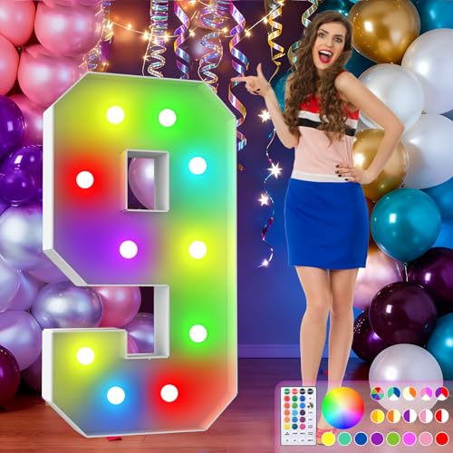 Image of 4FT Colorful Marquee Numbers,18-Color Number 9 with Remote Control Large Light Up Numbers Sign,Pre-Cut Foam Board Set for Party Decoration, Birthdays, Weddings, Graduations, Baby Anniversaries