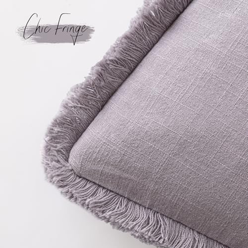 Image of Foindtower Set of 2 Decorative Linen Fringe Throw Pillow Covers Cozy Boho Farmhouse Cushion Cover with Tassels Soft Accent Pillowcase for Couch Sofa Bed Living Room Home Decor,18x18 Inch,Light Purple