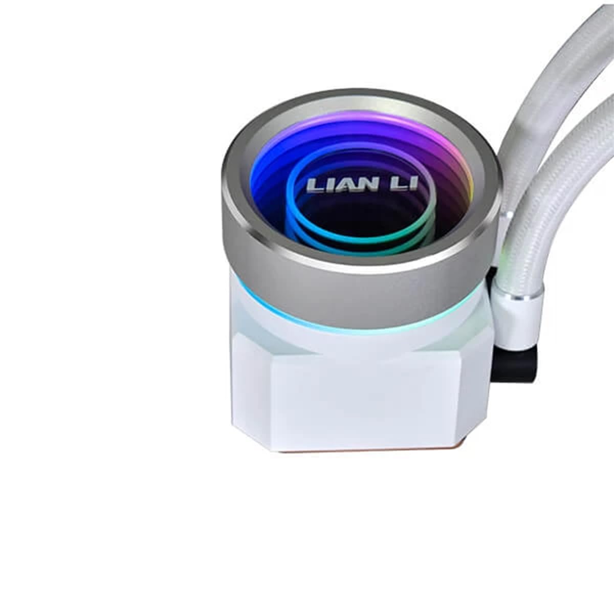 Close-up of the Lian Li Galahad II Trinity Performance pump head with RGB lighting