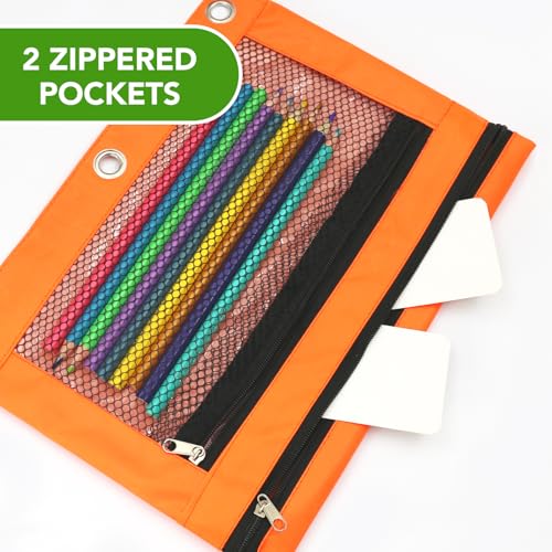 Image of Pencil Pouch for 3 Ring Binder, Heavy Duty Canvas Dual Zipper Pen Bag with Clear Window, Smooth Metal Zipper, Fit Standard 3-Ring Binders for School Office Travel Supplies (Orange)
