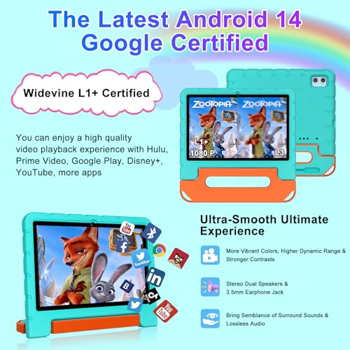Image of ZIOVO 2026 Kids Tablet 10 inch Android 14 Tablets for Kid Octa-Core, 20GB+128GB (TF 1TB), Toddler Tablet with Shockproof Case, 5GHz WiFi 6, Parental Control, Face Unlock, Split Screen, BT5.0-Green