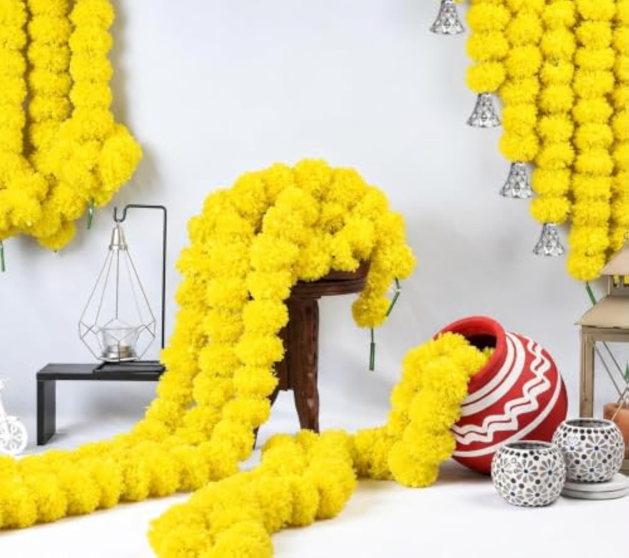 Artificial Marigold Pom-Pom Hanging Garland with Decorative Silver Bells