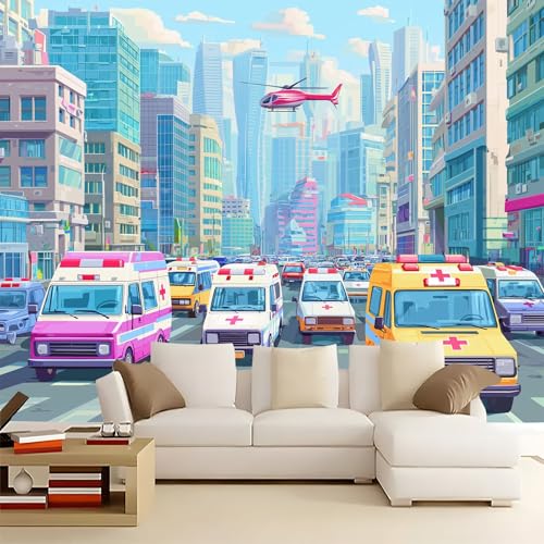 Colorful Papel pintado panorámico no tejido 250 x 175 cm Tamaño personalizado, póster mural gigante 3D, Caricatura Ciudad Calle Vehículo para sala de estar dormitorio o restaurante