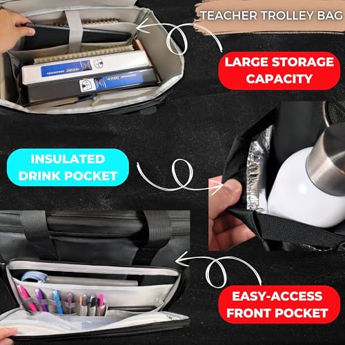 Image of Rolling Teacher Tote Bag with wheels and Laptop Compartment, Wheeled Teacher Bag for Teaching, Detachable Trolley, Office, Craft, Black
