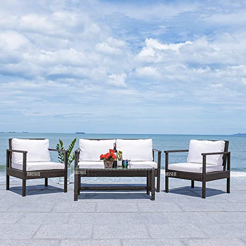 Image of Amazon Brand - Solimo Zeno Outdoor Sofa Set || Balcony Sofa || Patio Furniture Sets || Indoor Sofa|| Wicker Rattan Garden Sofa Set with Cushion and Center Table, 4 Seater (Brown & White)