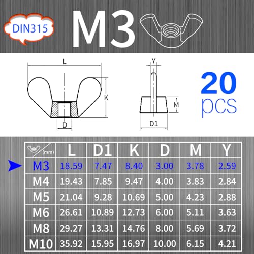 SWTYExt DIN 315 Flügelmutter M3, 20 Stück Schmetterlingsmutter Flügelmuttern Hochwertige A2 V2A Edelstahl Flügelmutter Metrische Rostfreie Wing Nut Heimwerker Flügelmutter für Anlagen DIY Tools
