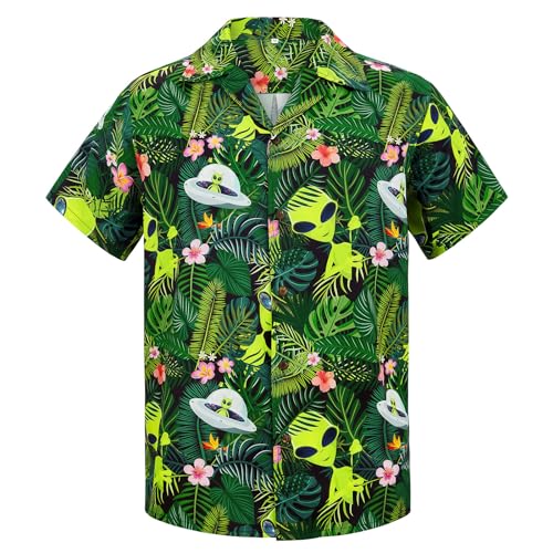 Funny Hawaiian Shirts for Men Tropical Beach Vacation Button Down Shirt Funny Lightweight Floral Aloha Shirt Alien L