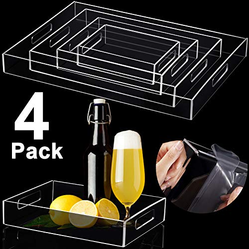 Boao 4 Pieces Clear Serving Tray with Handles Spill Proof Rectangular Acrylic Tray for Coffee, Tea, Table Decorative Display