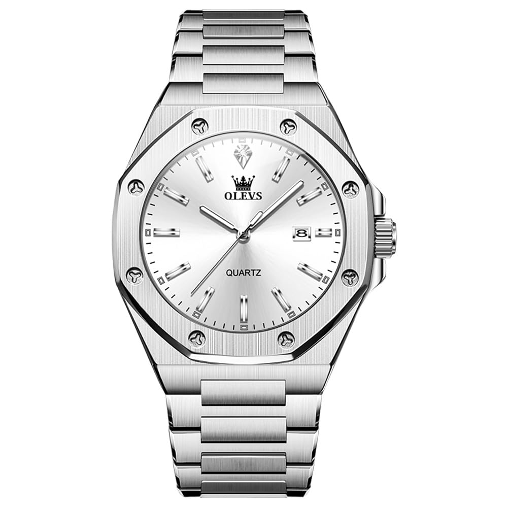 OLEVS Armbanduhr Herren Silber Edelstahlband Analoger Quarz