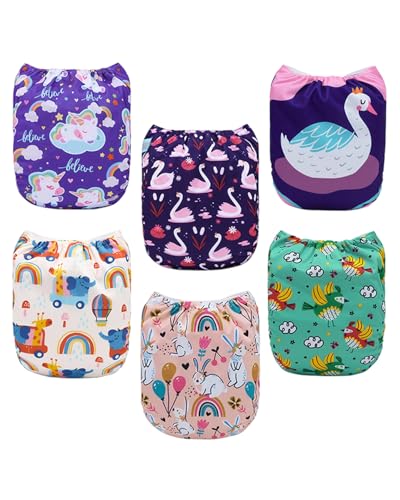 Image of ALVABABY Baby Cloth Diaper 6 Pack with 12 Inserts One Size Cloth Diaper Covers Adjustable Washable Reusable for Baby Girls 6DM95