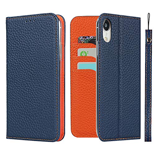 iCoverCase for iPhone XR Wallet Case, RFID Blocking Genuine Leather Magnetic Case with Wrist Strap and Card Slots Kickstand Feature Flip Cover for iPhone XR 6.1 Inch (Navy Blue)