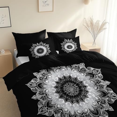 Générique Parure de Lit Imprimé Noir 220 x 240 cm Housse de Couette Réversible, Housse de Couette Motif Mandala Artistique Minimaliste Parure de Lit Douce...