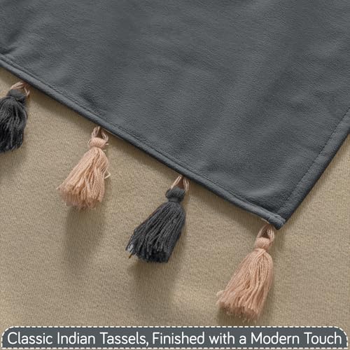 Image of HOKIPO Premium Holland Velvet Sofa Backrest Cover with Tassels - 'TasselTone Series', Graphite Grey (IN-1103-DGRY)
