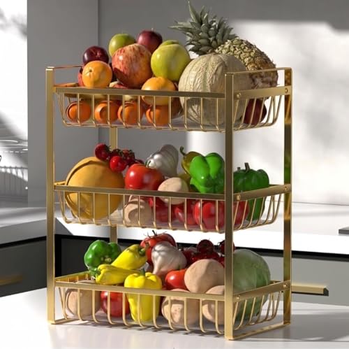 Image of 2 Tier Countertop Fruit and Vegetables Basket | Multipurpose Storage Organize Stand for Kitchen, Dining Table and Bathroom (3 Tier Gold)
