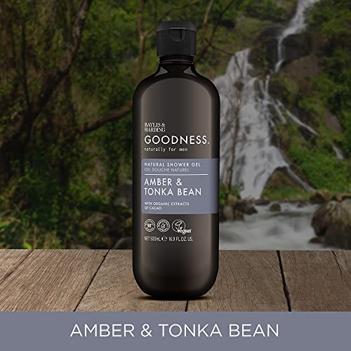 Baylis & Harding Goodness Men's Amber & Tonka Bean Natural Shower Gel, 500 ml (Pack Of 3) - Vegan Friendly - Image 3