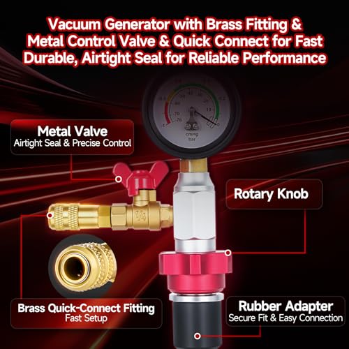 Image of BILITOOLS 10-Piece Coolant Vacuum Refill Kit, Quick Airlift, Universal | Copper-Cased inHg /PSI Gauge. Metal Valves, Brass Fittings, Airtight Seal. Adapters 0.3-2.2in. Clear Hose, Auto-Fill Design