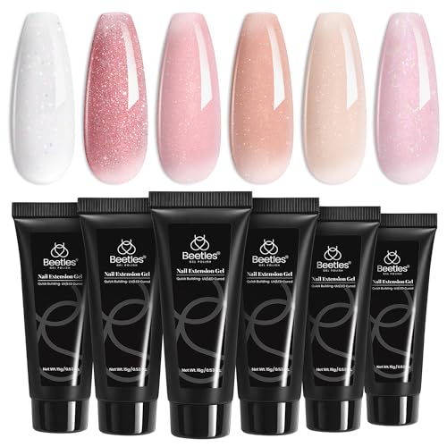 Beetles Poly Nail Gel Set - 6 Colors Nude Pink Glitter Poly Extension Gel, Strong Builder Enhancement for Salon Manicure DIY Home, Long Lasting, Gift for Women Girls