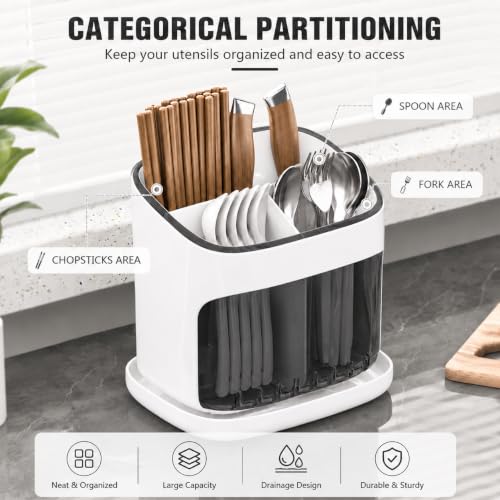Image of Cutlery Holder with Drainage Tray | Kitchen Cutlery Organizer with Removable Partition | Large Capacity Countertop Storage Caddy (White)