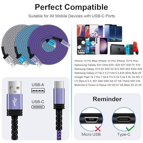 Image of 10FT /3Pack USB C Cable, 3.1A USB C to USB A Fast Charger Cord for iPhone 17 16 15 15Pro 15 Pro Max,USB Type C Charging Cable for Samsung Galaxy S25 Ultra S24 S23 A17 A16 5G A56 S22 S21,Pixel 10 Pro
