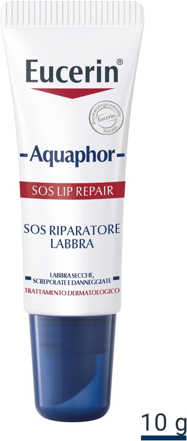 Eucerin Aquaphor SOS Riparatore Labbra 10 g, Balsamo labbra per cura e sollievo immediato in 60 secondi, Burrocacao per pelle secca, screpolata e danneggiata ad azione rapida