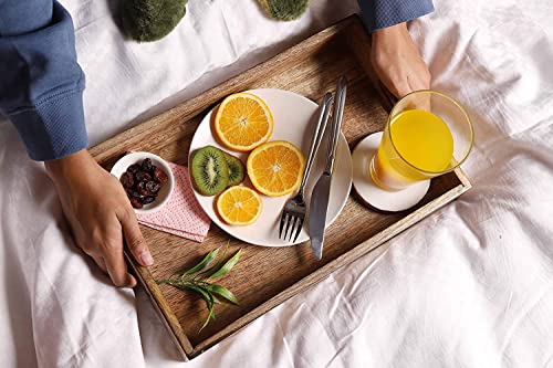 Image of Hamdan Large Serving Tray, Tray with Cutout Handles, Rectangle Butler Tray for Breakfast in Bed, Coffee Table Decor, Party (Natural Rec)