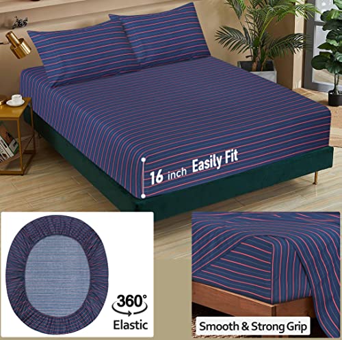 RUVANTI 100% Cotton Sheets Queen Size Set, 4 Pieces, Soft & Breathable Percale Weave Bedding, Deep Pocket 16", Hotel Standard, Crisp Cool Feeling, Durable, Perfect Striped Bed Sheet, Nautical