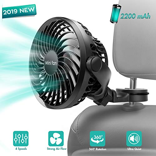 COMLIFE Baby Car Fan, 2200mAh Battery Powered Portable Car Air Circulator Fan, Powerful Quiet 4 Speed 360° Rotatable Backseat Car Fan for Sedan SUV RV, Must Have for Baby in Summer
