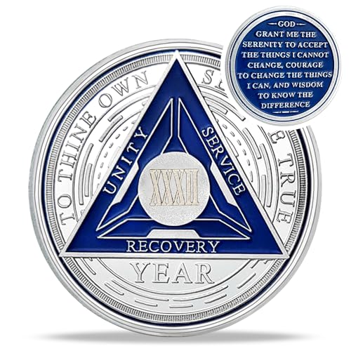 Image of Recovery Triangle 32 Year Sobriety Coin - Silver Roman Numeral NA AA Coins - 1-40 Prime NA /HA /AA Chips and Medallions - Narcotics Alcoholics Anonymous Sober Gifts for Men Women