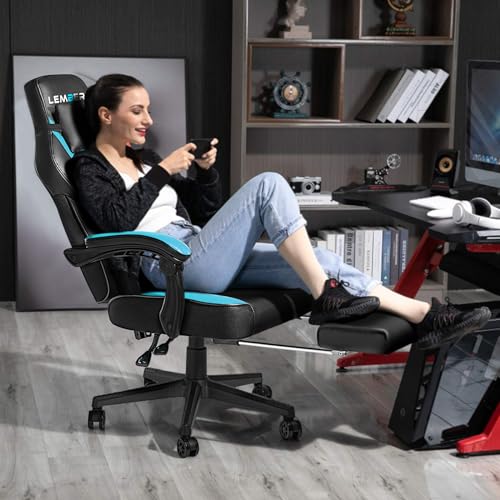 Image of LEMBERI Big and Tall Gaming Chair 400lb Capacity, Heavy-Duty Office Chair with Reinforced Footrest, Wide Seat High Back PC Desk Chair with Linkage Armrests, Thickened Steel Frame, PU Leather, Blue