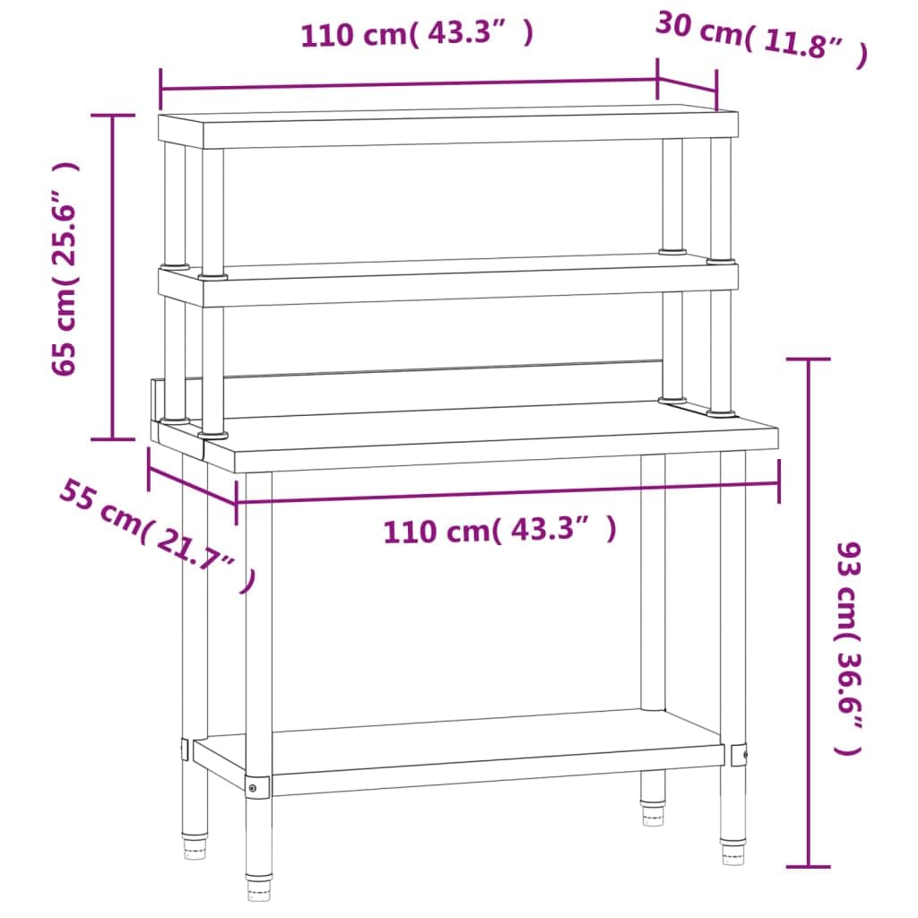 Tavolo da lavoro da cucina in acciaio inox con ripiano, 110 x 55 x 150 cm, per gastronomia, ristorante, catering, grandi cucine, commerciali, robusto, igienico, stabile, con ripiano e