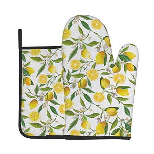 漫画レモンオーブンミット ミトン 断熱手袋 鍋つかみ ポットホルダ 焼け止め手袋 電子レンジ手袋 耐熱防水 左右手兼用 フリーサイズ 収納便利 安全 台所用 キッチン用品 カップケーキマフィン 2点セッ