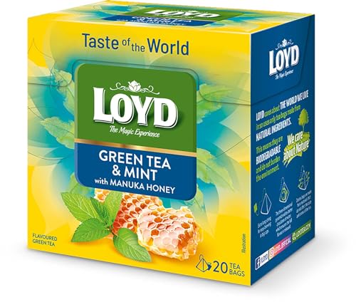 LOYD - Geschmack Der Welt - Grüner Tee Minze, Manuka & Honig - 20 Pyramidenbeutel, Hochwertige Grüntee-Blätter mit Minzblättern, Erfrischend, Leicht Süßlich, Aromatisch, Ideal für Jede Tageszeit - 34g