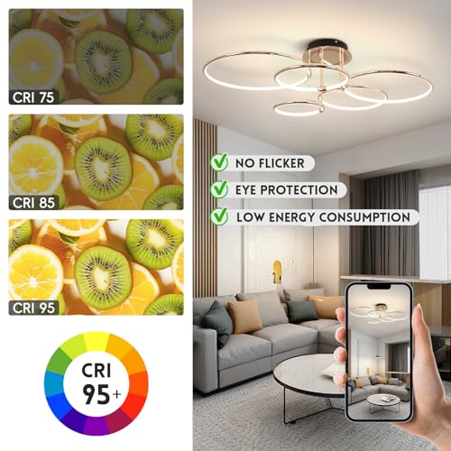 CANEOE Modern Ceiling Light Fixture,Gold Dimmable Led Ceiling Light with Remote Control for Living Room,5 Rings Flush Mount Ceiling Lamp for Living Room Bedroom Kitchen Lighting Fixtures Ceiling by CANEOE - Used condition - Image 4