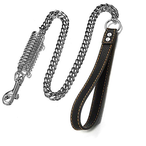 Dog Chain Leash Dog Leash Heavy Duty Strong Chew Proof 15mm 1ft 2ft 3ft Chrome Stainless Steel Cuban Link Chain Labor-Saving Spring with Comfortable Leather Handle(Totally Length of 3FT)