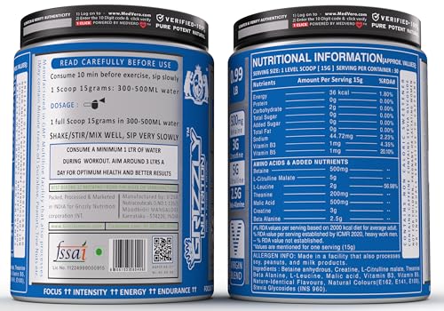 Image of Grizzly Nutrition, Pure BCCB 450g, 30g Energy caffeine pack - Betaine, Creatine, Citrulline, B Alanine, Researched muscle, strength, endurance, growth formula, before workout /Intra workout, Pineapple